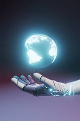 Dreidimensionales Rendering einer Roboterhand, die den leuchtenden Planeten Erde hält - GCAF00406