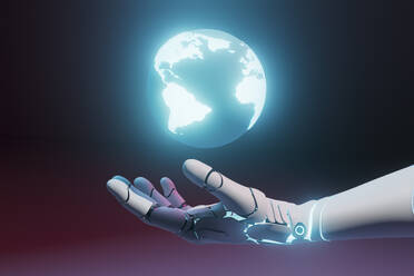 Dreidimensionales Rendering einer Roboterhand, die den leuchtenden Planeten Erde hält - GCAF00407