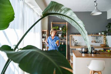 Genießende ältere Frau in ihrem Zuhause - 50-60 Jahre alt, entspannt bei einer Tasse Kaffee in der Küche - DMDF06268