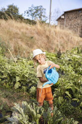 Boy watering plants in vegetable garden - PCLF00752