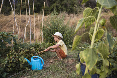 Boy planting near watering can in vegetable garden - PCLF00755