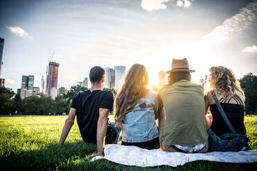 Eine bunte Gruppe von Freunden trifft sich im Central Park in Manhattan und genießt das Leben im Freien - DMDF06636