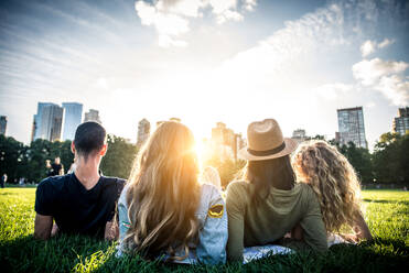 Multi-ethnic group of friends in Central Park, Manhattan - Young cheerful people bonding outdoors - DMDF06637