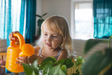 Blondes Mädchen bewässert Zimmerpflanzen zu Hause - ASHF00018