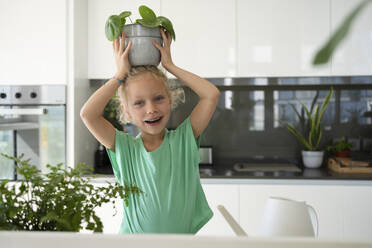 Glückliches Mädchen balanciert Topfpflanze auf dem Kopf in der Küche zu Hause - SVKF01644