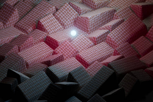 3D-Rendering einer leuchtenden Kugel über einem Haufen rosa Stofffliesen - GCAF00424