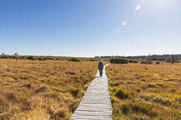 Belgium, Liege Province, Female hiker following boardwalk in High Fens - Eifel Nature Park - GWF07920