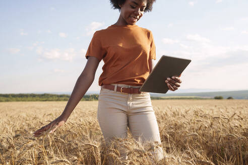 Smiling young agronomist holding tablet PC touching barley in field - AAZF01188