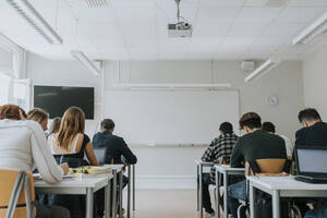 Rückansicht von Schülern, die in einem Klassenzimmer mit leerer Tafel lernen - MASF40072