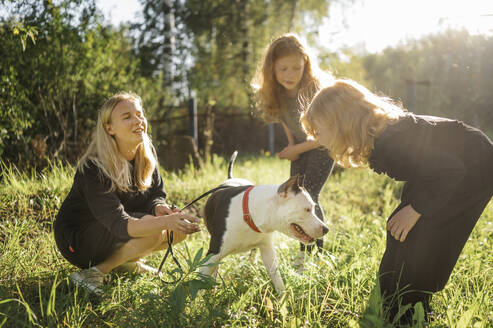 Mutter und Töchter spielen mit Hund im Park an einem sonnigen Tag - ANAF02189
