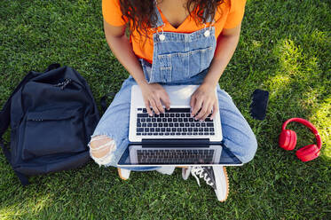 Junge Studentin sitzt im Gras und benutzt einen Laptop auf dem Campus - PGF01718