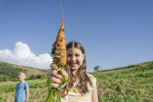 Smiling girl showing carrot in vegetable garden on sunny day - OSF02210