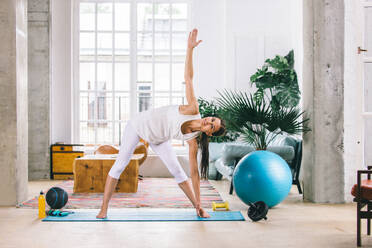 Ahtletic schöne Frau Training zu Hause - Junges Mädchen tun Fitness in ihrer Wohnung, Konzepte über Fitness, Sport und Gesundheit - DMDF06914