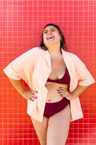 Group of beautiful plus size women with swimwear bonding and having fun at  the beach - Group
