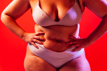 Plus size woman posing in studio in lingerie. Model on colored background. Hard light studio shot - DMDF07066
