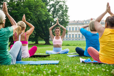 Multiethnische Gruppe älterer Frauen beim Training im Park mit einem Fitnesstrainer - Aktive ältere Menschen beim Sport in der Natur - DMDF07091