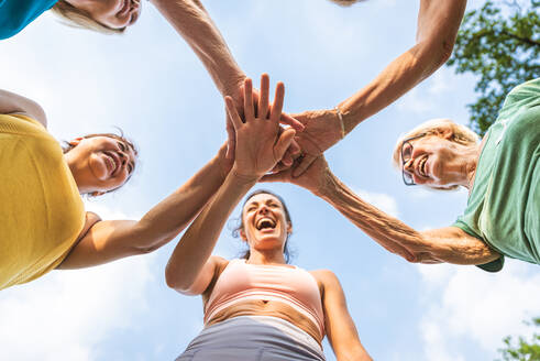 Multiethnische Gruppe älterer Frauen beim Training im Park mit einem Fitnesstrainer - Aktive ältere Menschen beim Sport in der Natur - DMDF07096