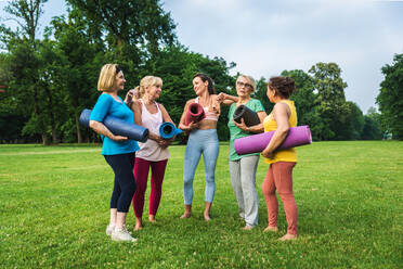 Multiethnische Gruppe älterer Frauen beim Training im Park mit einem Fitnesstrainer - Aktive ältere Menschen beim Sport in der Natur - DMDF07102