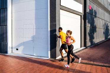 Fit and diverse couple working out together outside, building strength, endurance, and core muscles through functional exercises - DMDF07115