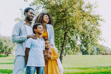 Schöne glückliche afrikanische amerikanische Familie, die sich im Park trifft - Schwarze Familie hat Spaß im Freien - DMDF07159