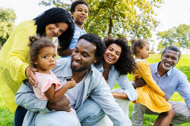 Schöne glückliche afrikanische amerikanische Familie, die sich im Park trifft - Schwarze Familie hat Spaß im Freien - DMDF07164
