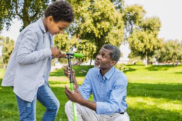 Schöne glückliche afrikanische amerikanische Familie, die sich im Park trifft - Schwarze Familie hat Spaß im Freien - DMDF07180