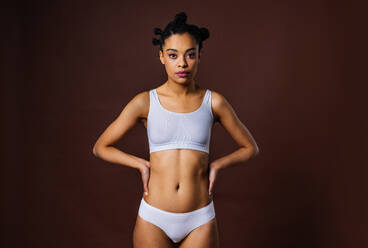 Beauty portrait of beautiful black woman wearing lingerie underwear - Pretty african young woman posing in studio, concepts about beauty, cosmetology and diversity - DMDF07199