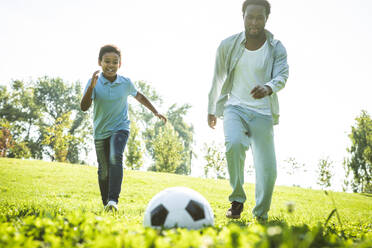 Schöne glückliche afroamerikanische Familie im Park - Schwarze Familie hat Spaß im Freien, Vater und Sohn spielen Fußball - DMDF07211