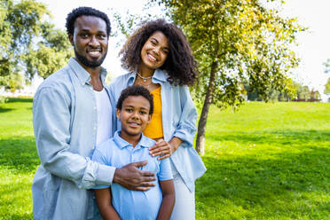 Schöne glückliche afrikanische amerikanische Familie, die sich im Park trifft - Schwarze Familie hat Spaß im Freien - DMDF07223