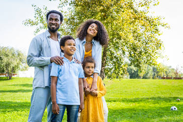 Schöne glückliche afrikanische amerikanische Familie, die sich im Park trifft - Schwarze Familie hat Spaß im Freien - DMDF07224