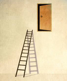 Tall ladder reaching door high in wall - GWAF00329