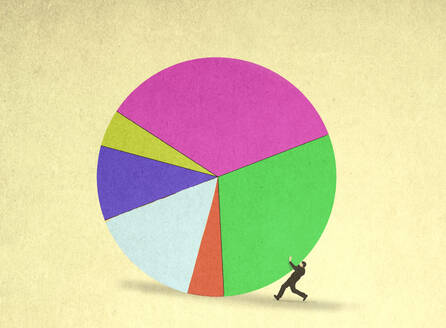 Businessman being rolled over by oversized pie chart - GWAF00332