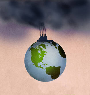 Illustration einer Fabrik, die die ganze Erde in Rauch hüllt - GWAF00343