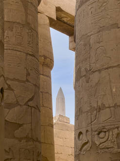 Der beeindruckende Obelisk der Hatschepsut erhebt sich zwischen den Tempeln, Pylonen und Kapellen der UNESCO-Weltkulturerbestätte im Tempelkomplex von Karnak in der Nähe von Luxor, Theben, Ägypten - RHPLF28310