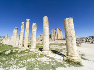 Antike Säulen umgeben ein Gebäude in Jerash, Jordanien, das angeblich von Alexander dem Großen im Jahr 331 v. Chr. gegründet wurde - RHPLF28340