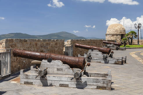 Historic cannons on the town wall of Alghero, Sassari province, Sardinia, Italy, Mediterranean, Europe - RHPLF28458