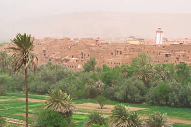 Old mosque in a kasbah framed by palm tree groves, Dades, Atlas mountains, Ouarzazate province, Morocco, North Africa, Africa - RHPLF28502