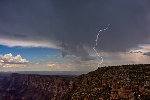 Lightning striking the Desert View Watchtower on Grand Canyon South Rim during the 2023 Arizona Monsoon season, viewed from Navajo Point, Grand Canyon National Park, UNESCO World Heritage Site, Arizona, United States of America, North America - RHPLF28510