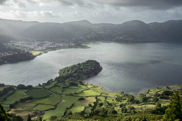 Miradouro do Cerrado das Freiras viewpoint on the huge volcanic crater that is now Lagoa Azul on Sao Miguel island, Azores Islands, Portugal, Atlantic, Europe - RHPLF28513