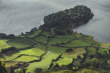 Miradouro do Cerrado das Freiras viewpoint on the huge volcanic crater that is now Lagoa Azul on Sao Miguel island, Azores Islands, Portugal, Atlantic, Europe - RHPLF28516