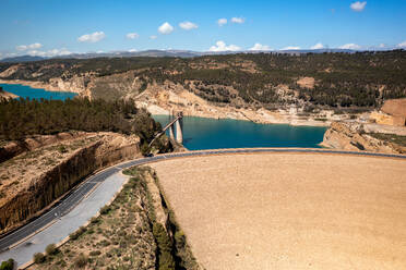 Drone aerial view of Francisco Abellan Dam and Reservoir, Granada, Andalusia, Spain, EuropeGranada, Andalusia, Spain, Europe - RHPLF28542