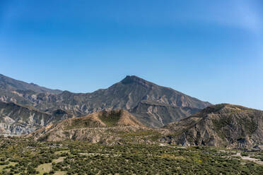 Tabernas desert landscape on a sunny day, Almeria, Andalusia, Spain, Europe - RHPLF28544