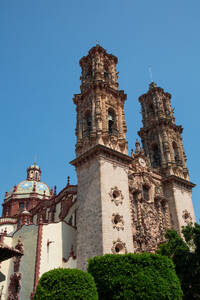 Churrigueresque Style Towers, Church of Santa Prisca de Taxco, founded 1751, UNESCO World Heritage Site, Taxco, Guerrero, Mexico, North America - RHPLF28588