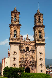 Churrigueresque Style Towers, Church of Santa Prisca de Taxco, founded 1751, UNESCO World Heritage Site, Taxco, Guerrero, Mexico, North America - RHPLF28593