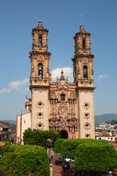 Churrigueresque Style Towers, Church of Santa Prisca de Taxco, founded 1751, UNESCO World Heritage Site, Taxco, Guerrero, Mexico, North America - RHPLF28594