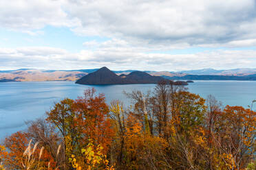 View from above onto Lake Toya and the island inside the crater, in autumn, Abuta, Hokkaido, Japan, Asia - RHPLF28706