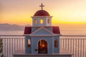 View of miniature Greek Orthodox church on coastal road near Assos, Kefalonia, Ionian Islands, Greek Islands, Greece, Europe - RHPLF28714