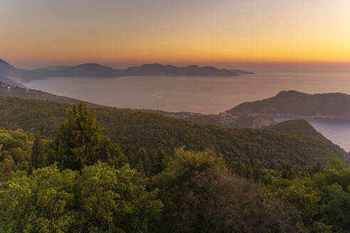View of Assos, coastline, sea and hills at sunset, Kefalonia, Ionian Islands, Greek Islands, Greece, Europe - RHPLF28725
