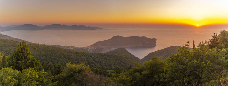 View of Assos, coastline, sea and hills at sunset, Kefalonia, Ionian Islands, Greek Islands, Greece, Europe - RHPLF28729