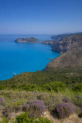 View of coastline, sea and Assos from near Agkonas, Kefalonia, Ionian Islands, Greek Islands, Greece, Europe - RHPLF28744